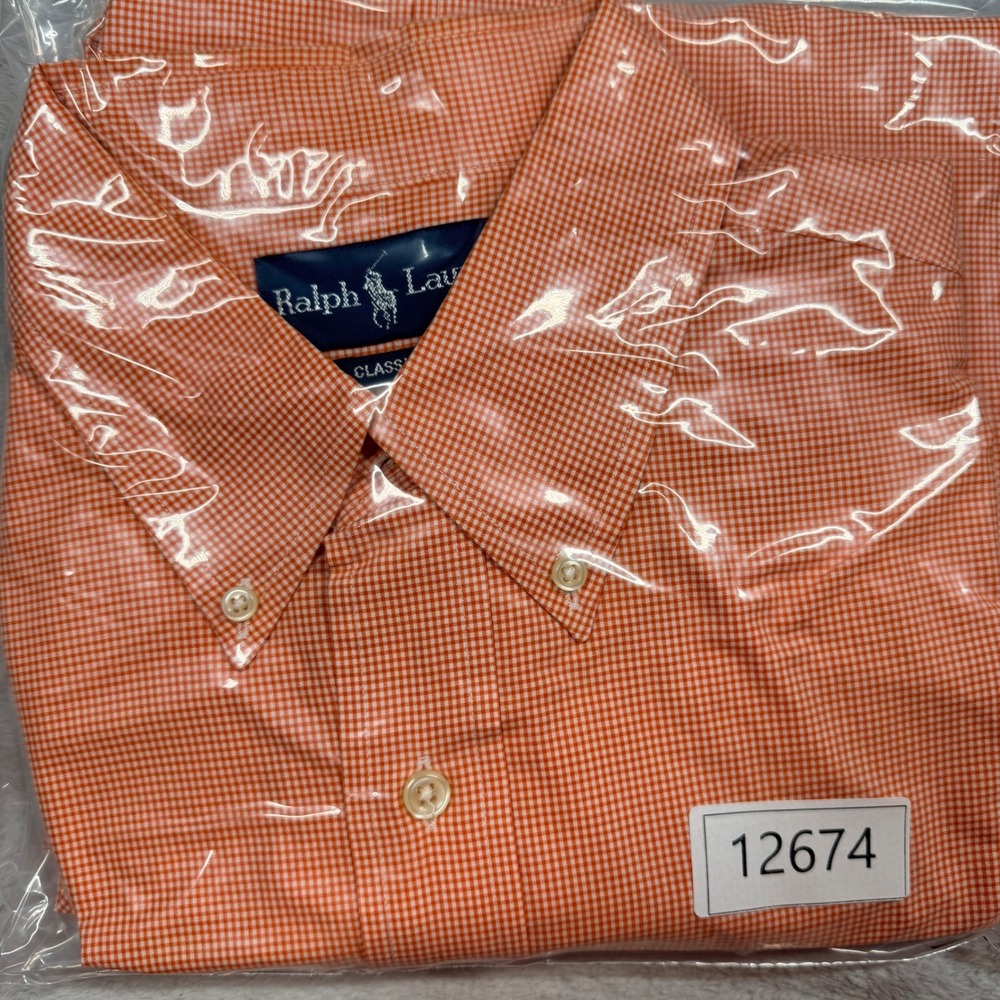 Ralph Lauren Classic Fit Gingham Button Down Shirt Orange White Men L - Picture 8 of 10